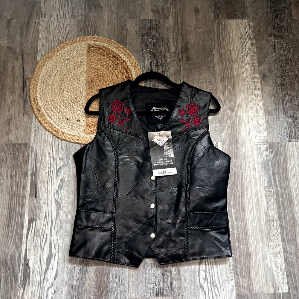 DIAMOND PLATE Buffalo Leather Motorcycle Womens Leather Vest NWT